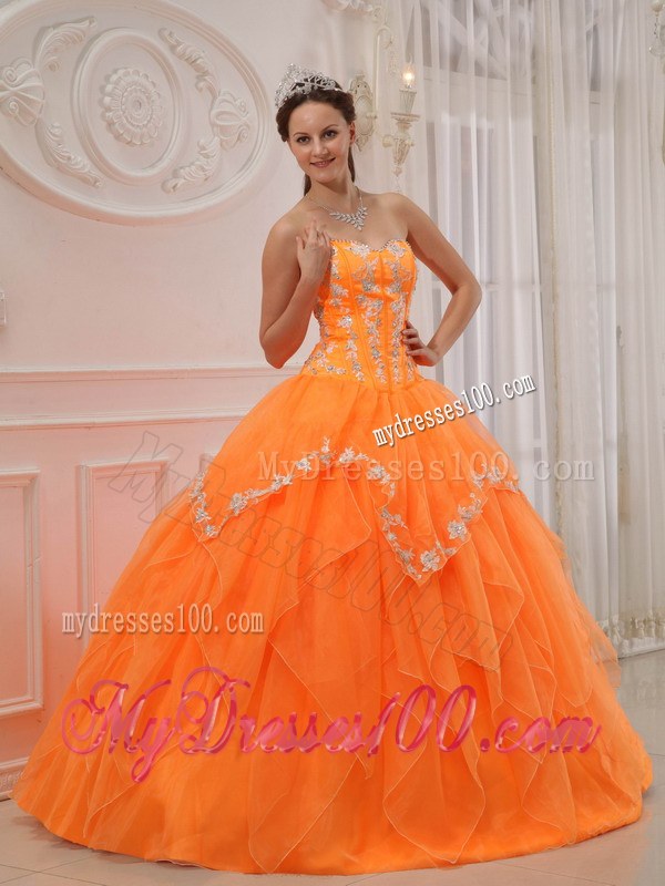 Ruffles Orange Sweetheart Organza Appliques Quinceanera Gowns