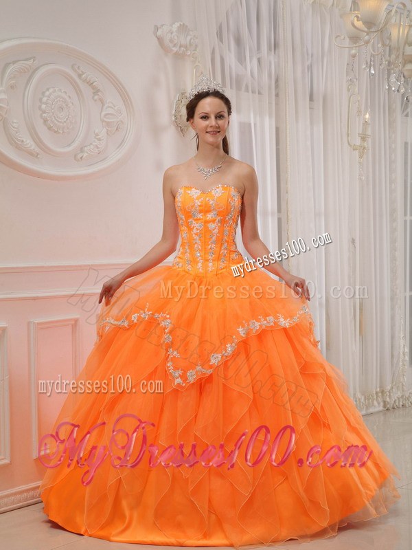 Ruffles Orange Sweetheart Organza Appliques Quinceanera Gowns