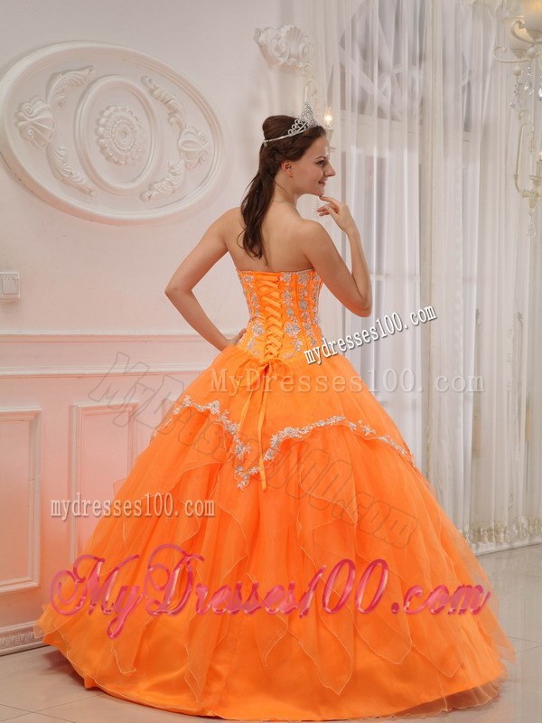 Ruffles Orange Sweetheart Organza Appliques Quinceanera Gowns