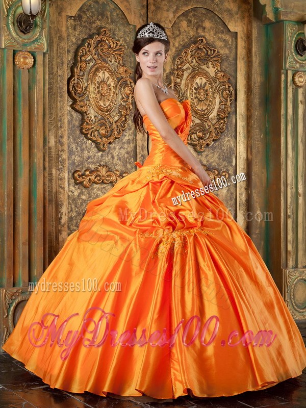 Orange Ruching Sweetheart Strapless Quinceanera Dress with Appliques