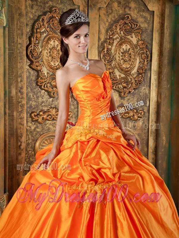 Orange Ruching Sweetheart Strapless Quinceanera Dress with Appliques