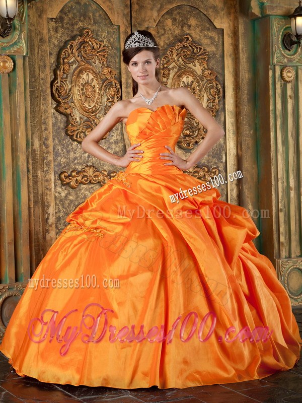 Orange Ruching Sweetheart Strapless Quinceanera Dress with Appliques