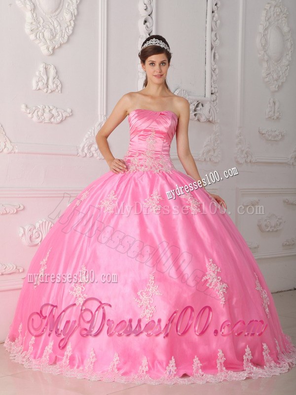 Pink Ball Gown Strapless Floor-length Lace Appliques Quinceanera Dress