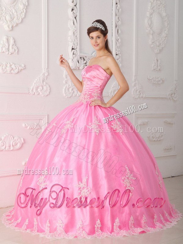 Pink Ball Gown Strapless Floor-length Lace Appliques Quinceanera Dress