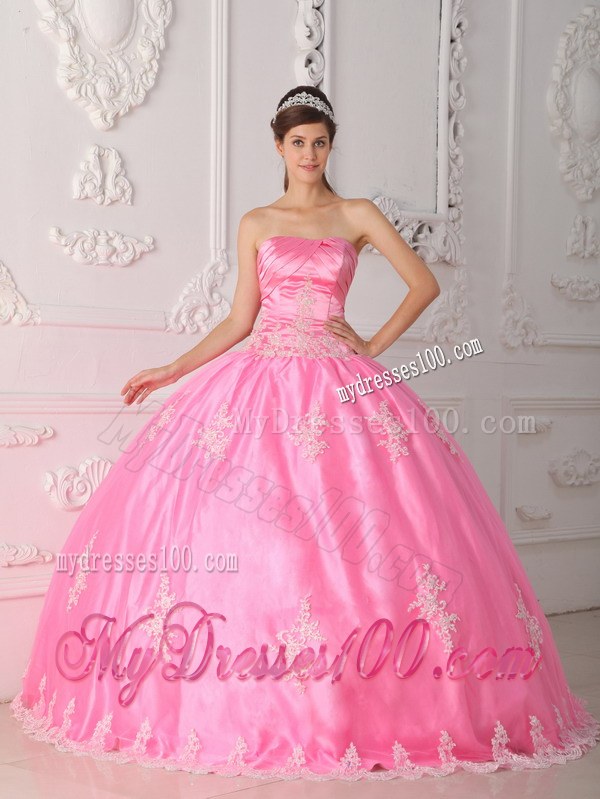 Pink Ball Gown Strapless Floor-length Lace Appliques Quinceanera Dress