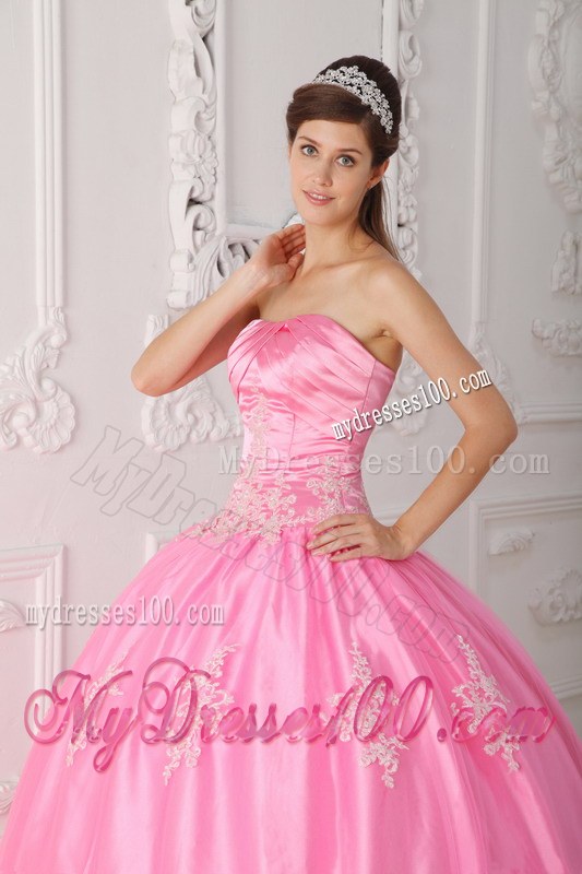 Pink Ball Gown Strapless Floor-length Lace Appliques Quinceanera Dress