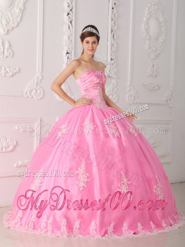 Pink Ball Gown Strapless Floor-length Lace Appliques Quinceanera Dress
