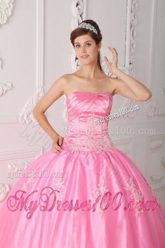 Pink Ball Gown Strapless Floor-length Lace Appliques Quinceanera Dress