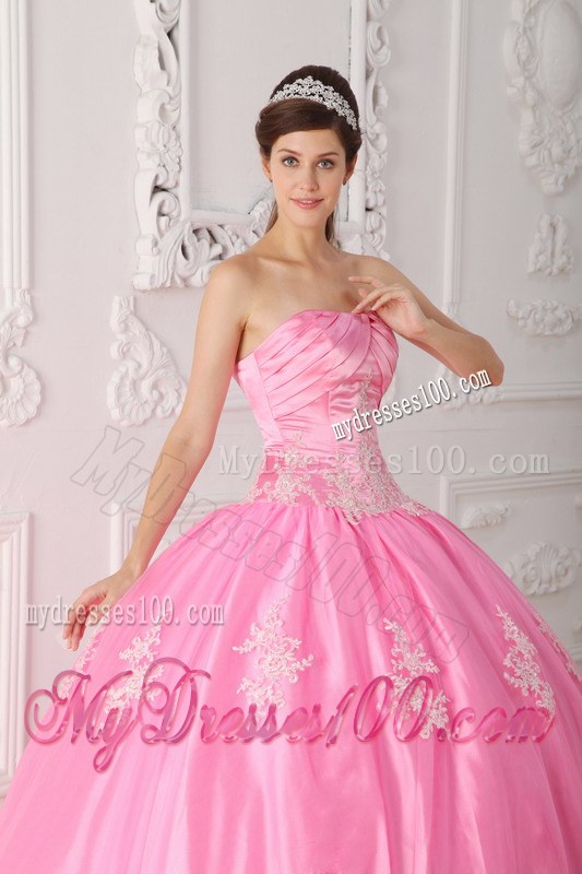 Pink Ball Gown Strapless Floor-length Lace Appliques Quinceanera Dress