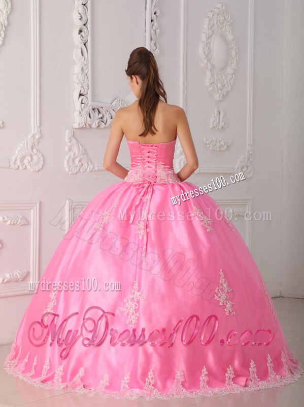 Pink Ball Gown Strapless Floor-length Lace Appliques Quinceanera Dress