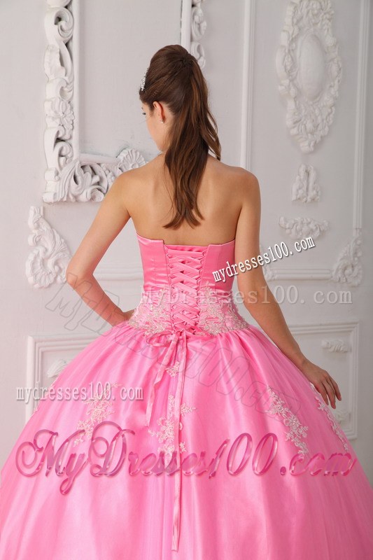 Pink Ball Gown Strapless Floor-length Lace Appliques Quinceanera Dress