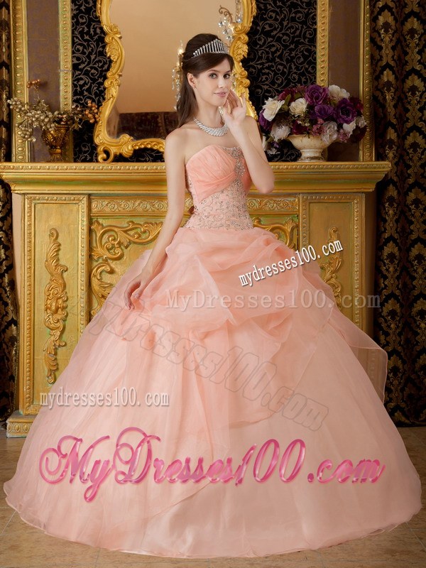 Peach Colored Ruching Strapless Quinceanera Dresses with Pick-ups