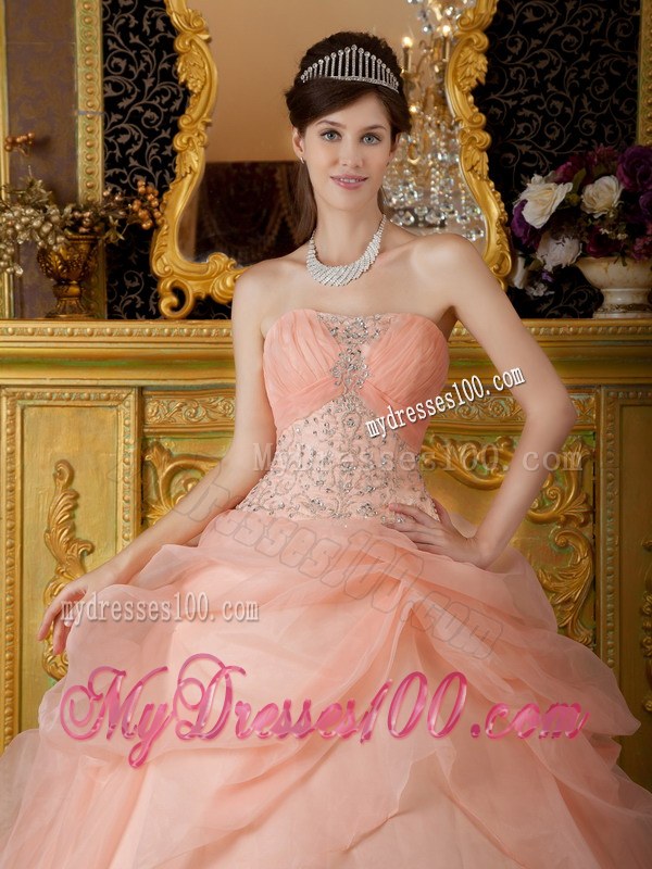 Peach Colored Ruching Strapless Quinceanera Dresses with Pick-ups