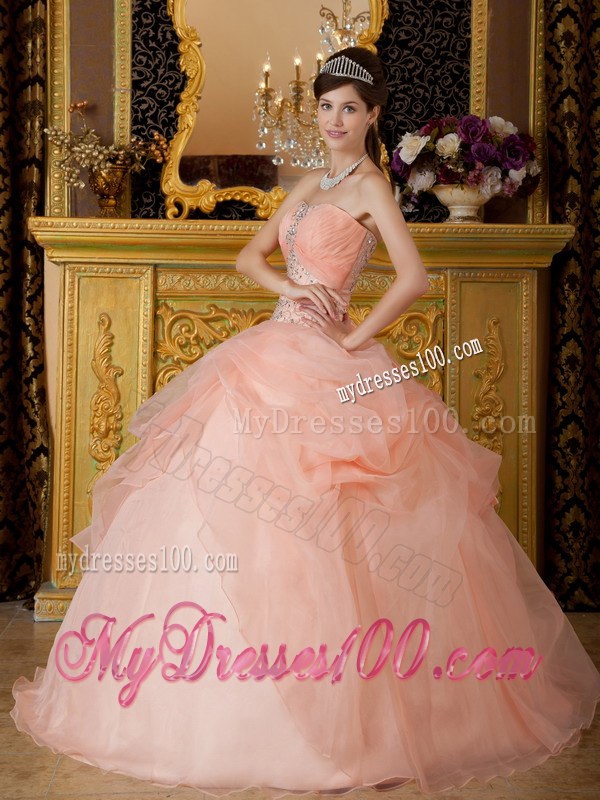 Peach Colored Ruching Strapless Quinceanera Dresses with Pick-ups