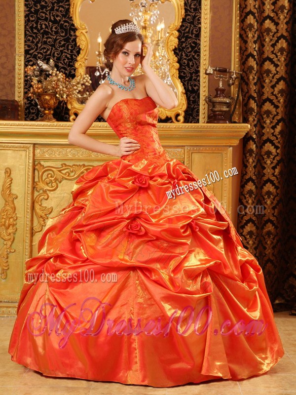 Bright Orange Strapless Floor-length Quinceanera Dresses with Pick-ups
