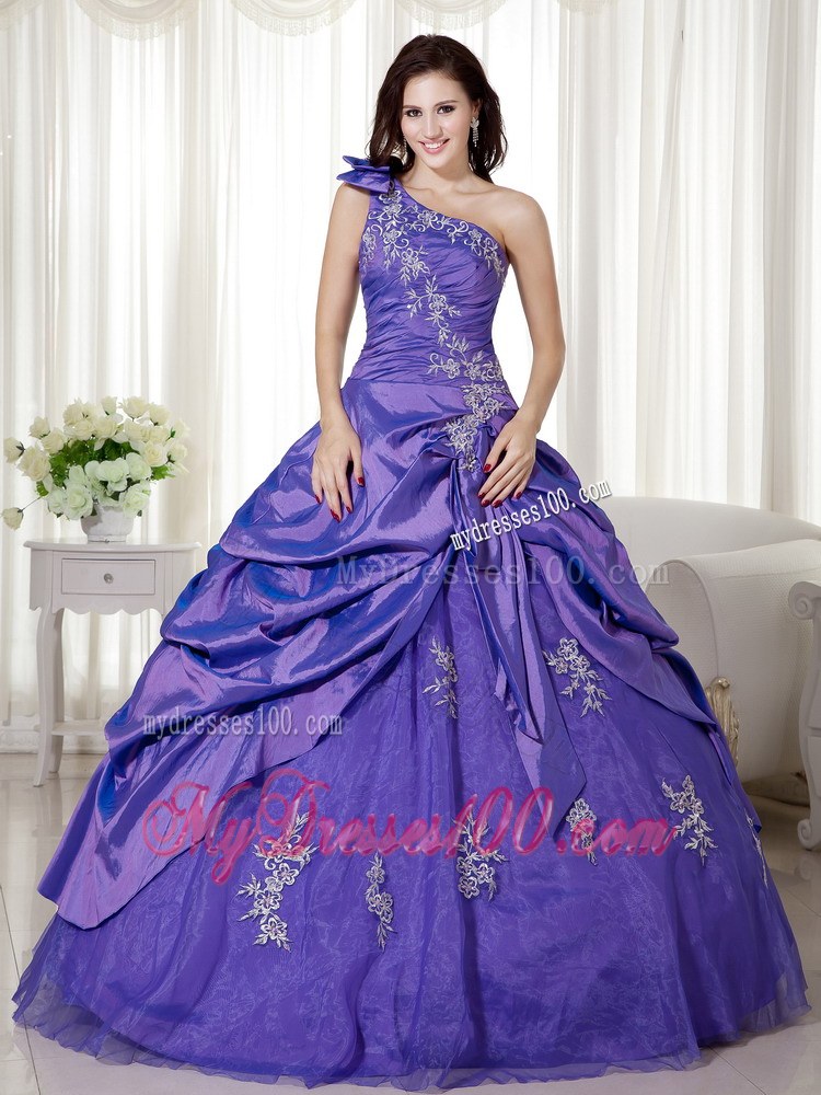 Purple Ball Gown One Shoulder Taffeta and Organza Dress for Quinces