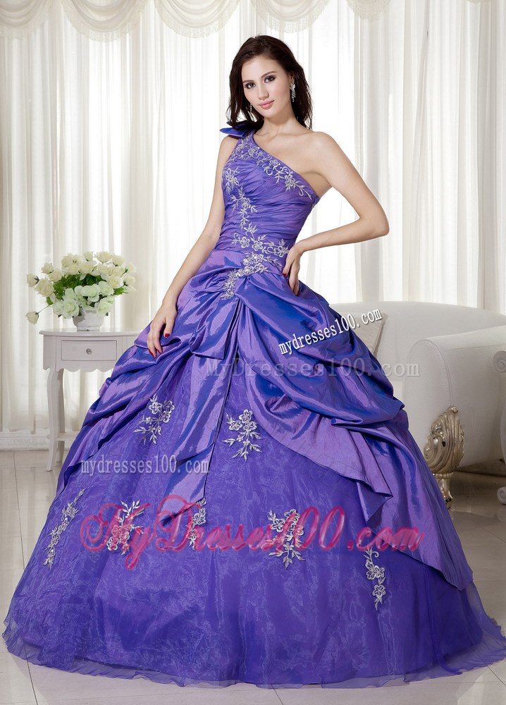 Purple Ball Gown One Shoulder Taffeta and Organza Dress for Quinces