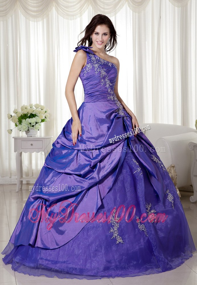 Purple Ball Gown One Shoulder Taffeta and Organza Dress for Quinces