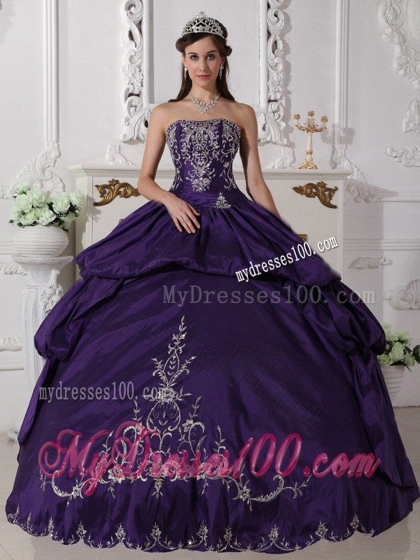Purple Ball Gown Strapless Floor-length Taffeta Embroidery Quinc