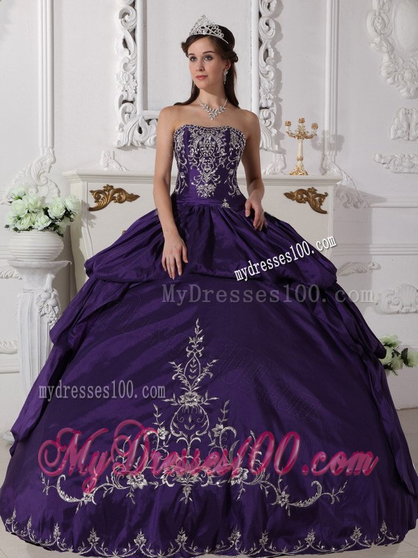 Purple Strapless Ball Gown with Embroidery for Quinceanera Dresses
