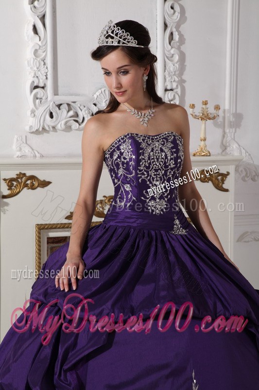 Purple Ball Gown Strapless Floor-length Taffeta Embroidery Quinc