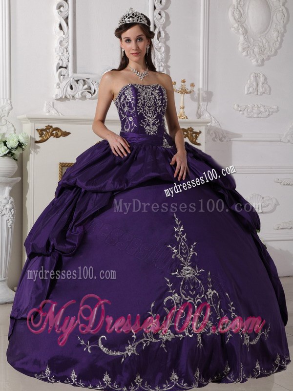 Purple Ball Gown Strapless Floor-length Taffeta Embroidery Quinc