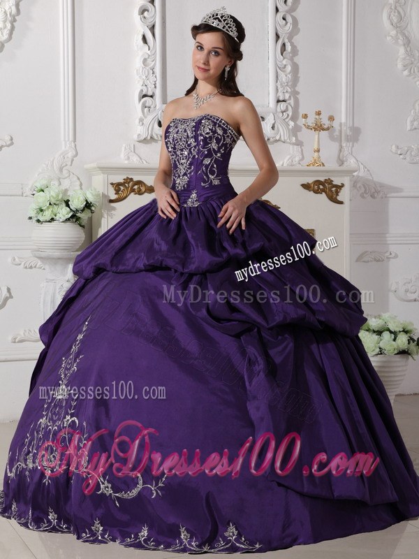Purple Ball Gown Strapless Floor-length Taffeta Embroidery Quinc