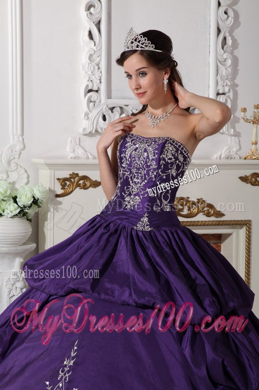 Purple Ball Gown Strapless Floor-length Taffeta Embroidery Quinc
