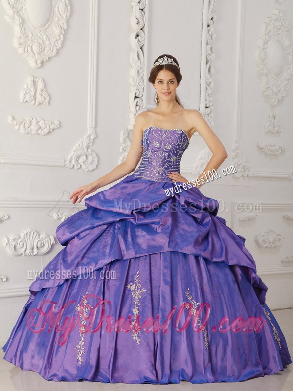 Purple Strapless Floor-length Taffeta Embroidery Dress for Sweet 16