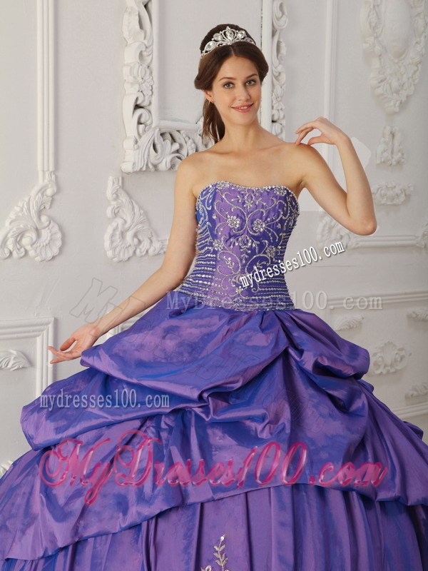 Purple Strapless Floor-length Taffeta Embroidery Dress for Sweet 16