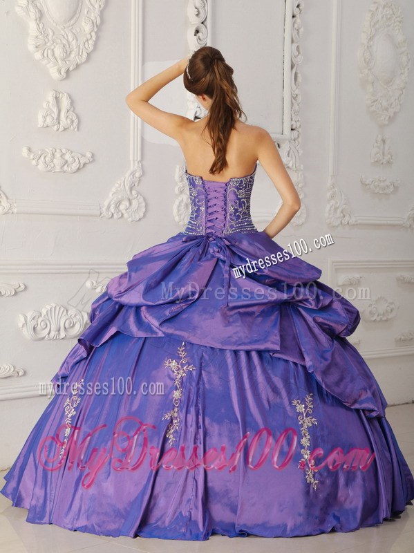 Purple Strapless Floor-length Taffeta Embroidery Dress for Sweet 16