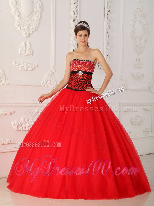 Tulle and Zebra A-line Princess Red Beading Quinceanera Dresses