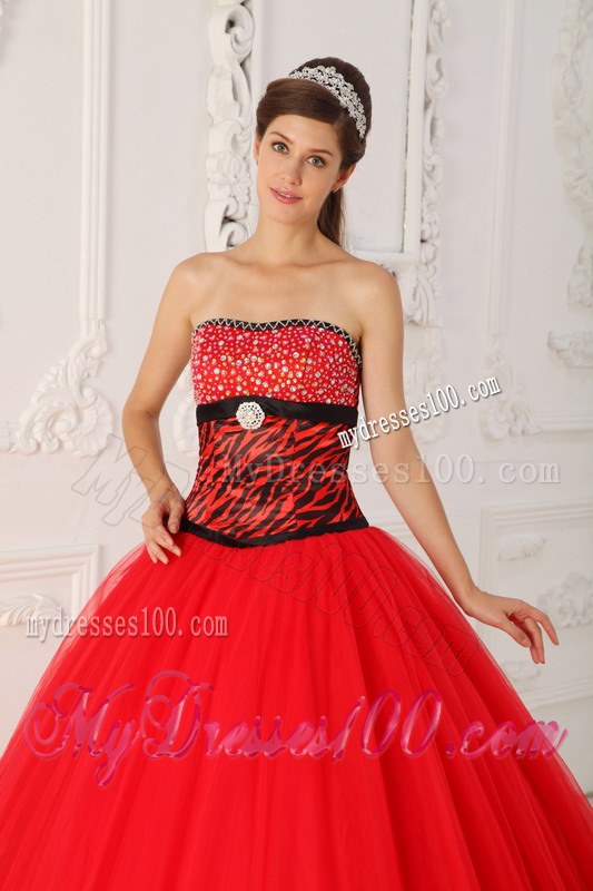 Tulle and Zebra A-line Princess Red Beading Quinceanera Dresses