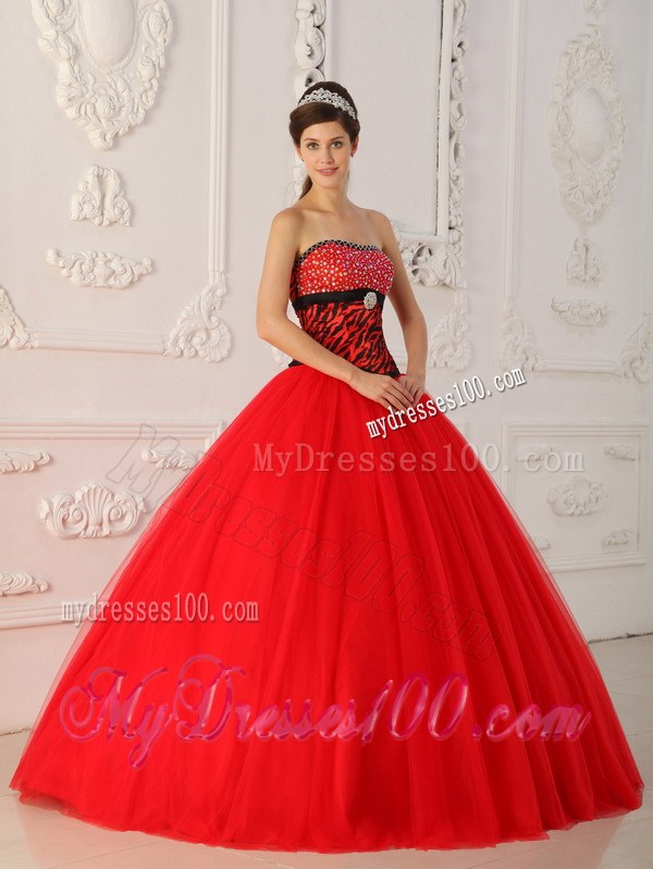 Tulle and Zebra A-line Princess Red Beading Quinceanera Dresses