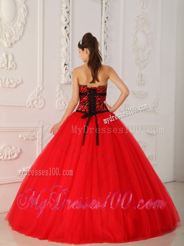 Tulle and Zebra A-line Princess Red Beading Quinceanera Dresses