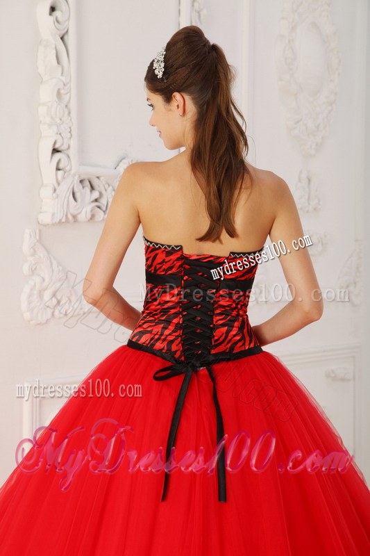 Tulle and Zebra A-line Princess Red Beading Quinceanera Dresses