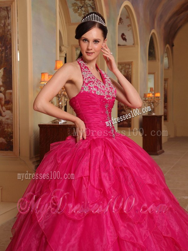 Layers Beading Halter Red Quinceanera Dress Organza Embroidery