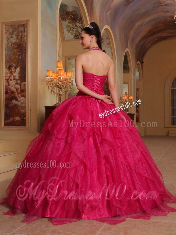Layers Beading Halter Red Quinceanera Dress Organza Embroidery