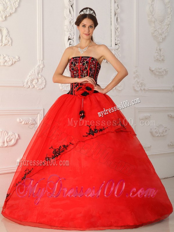 Red Ball Gown Strapless Floor-length Satin and Organza Quinceane