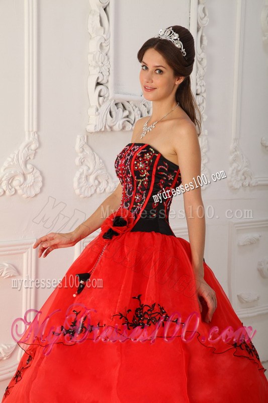 Red Ball Gown Strapless Floor-length Satin and Organza Quinceane
