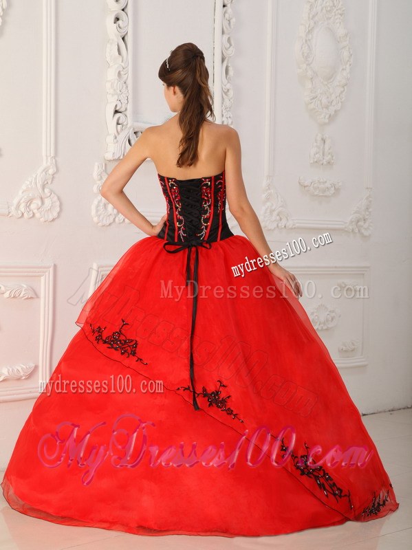 Red Ball Gown Strapless Floor-length Satin and Organza Quinceane