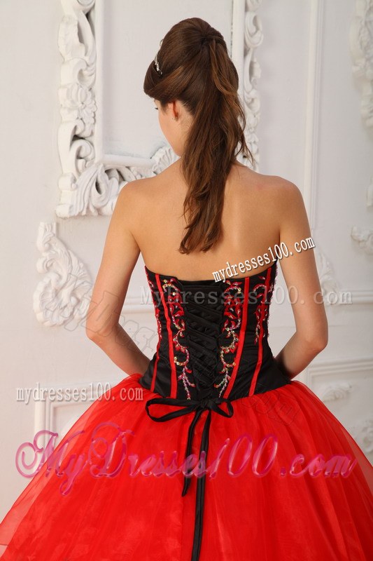 Red Ball Gown Strapless Floor-length Satin and Organza Quinceane
