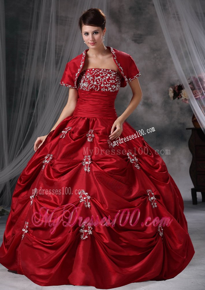 Red Ball Gown with Pick-ups and Appliques Dress for Sweet 15
