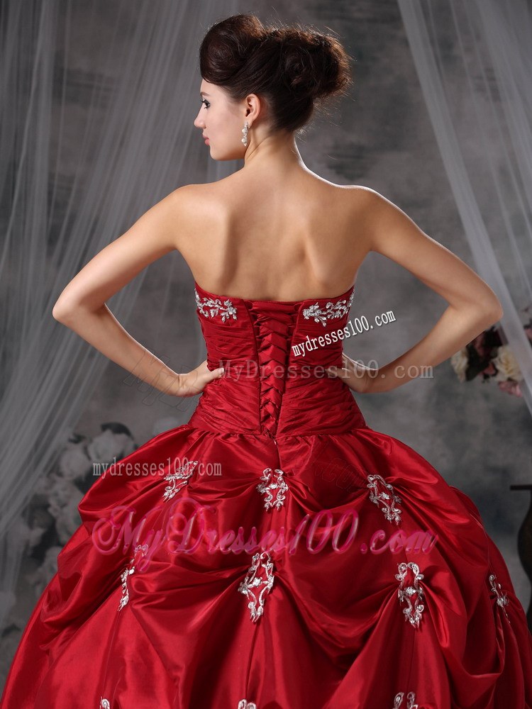 Red Ball Gown with Pick-ups and Appliques Dress for Sweet 15