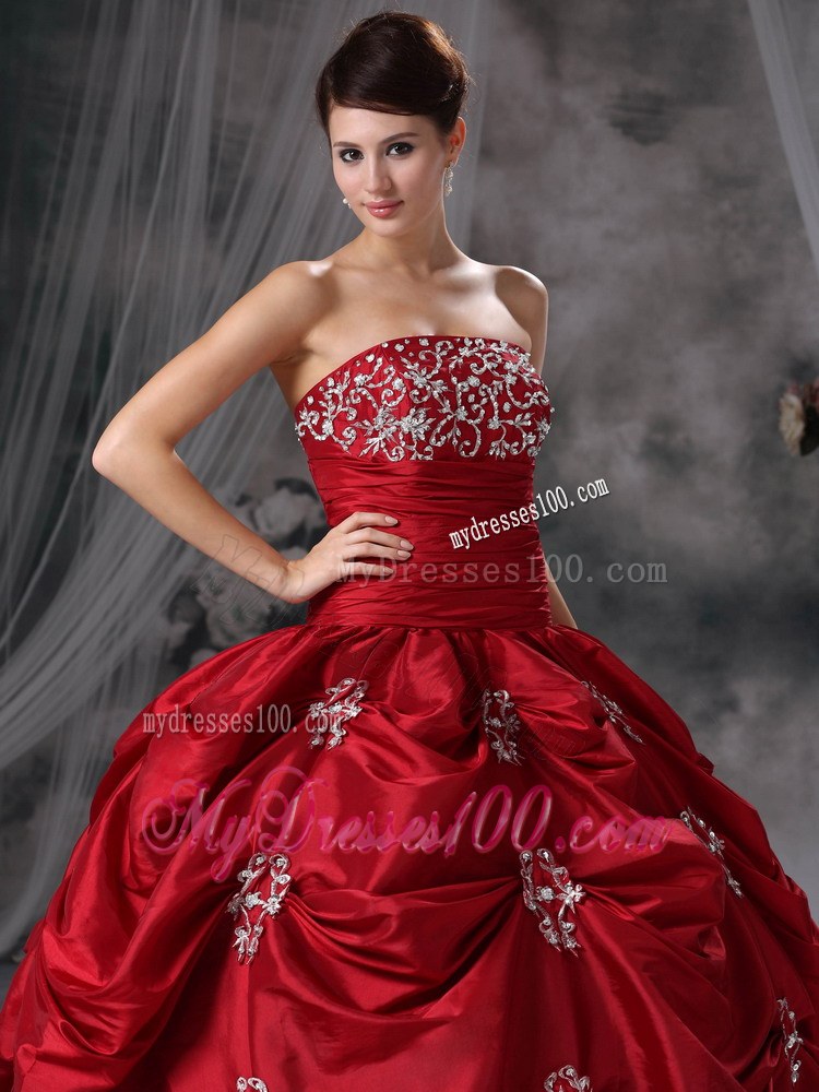 Red Ball Gown with Pick-ups and Appliques Dress for Sweet 15