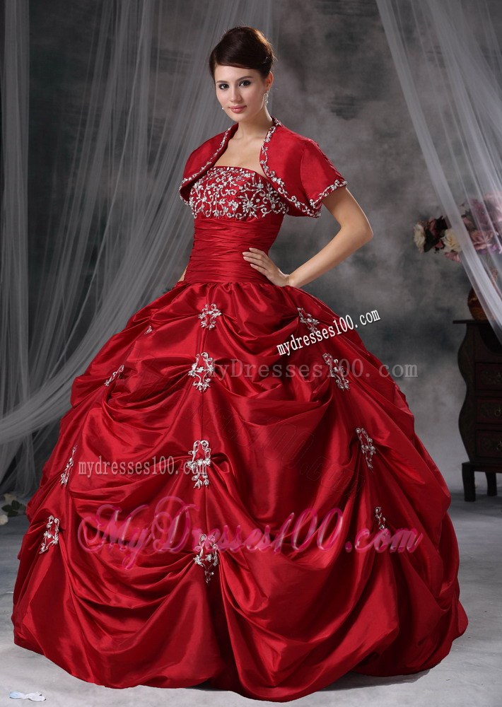 Red Ball Gown with Pick-ups and Appliques Dress for Sweet 15