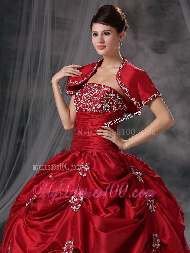 Red Ball Gown with Pick-ups and Appliques Dress for Sweet 15