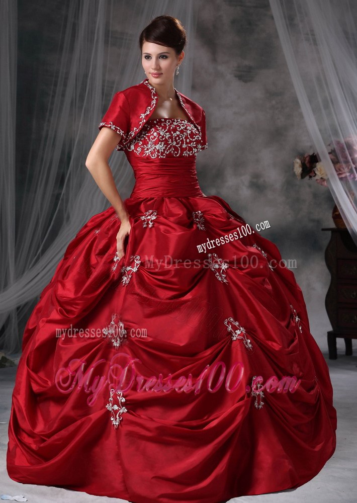 Red Ball Gown with Pick-ups and Appliques Dress for Sweet 15