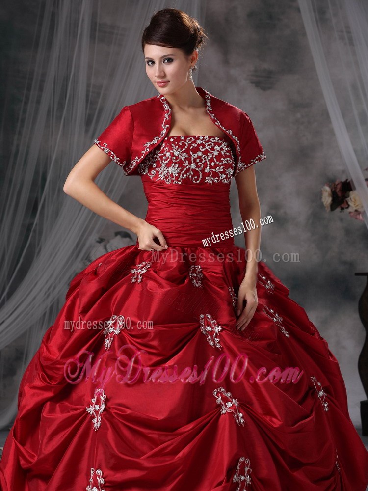 Red Ball Gown with Pick-ups and Appliques Dress for Sweet 15