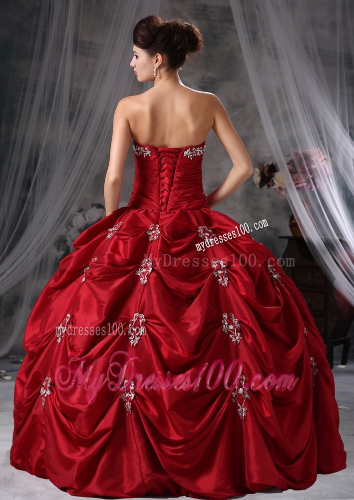 Red Ball Gown with Pick-ups and Appliques Dress for Sweet 15